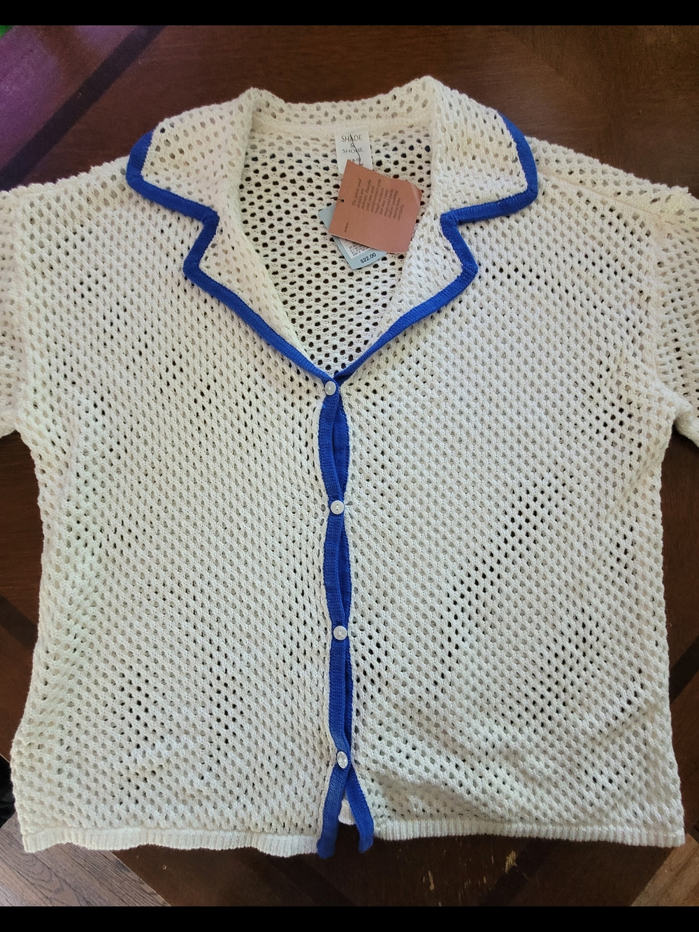 Brand New! Shade & Shore Cream Open-Knit Top with Blue Trim Swim Cover-up
